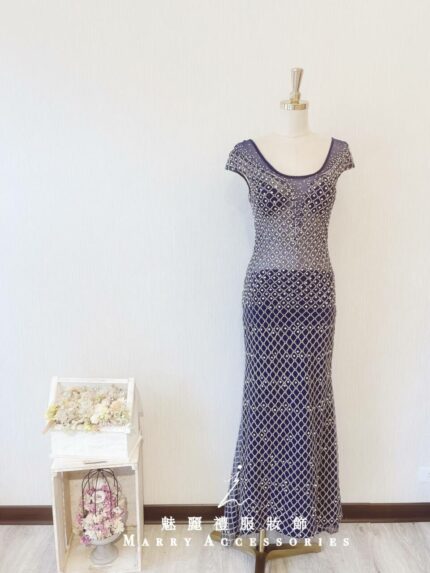 深藍色水晶裸紗晚宴媽媽禮服