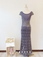 深藍色水晶裸紗晚宴媽媽禮服