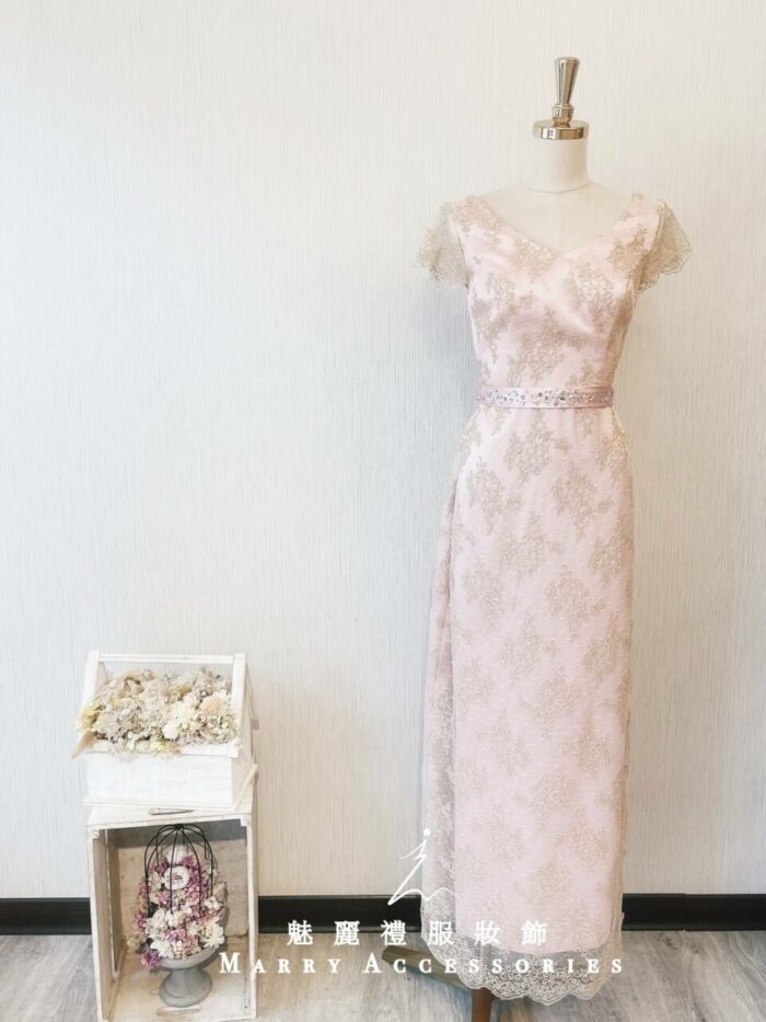 粉色緞料日系蕾絲晚宴媽媽禮服