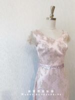 粉色緞料日系蕾絲晚宴媽媽禮服