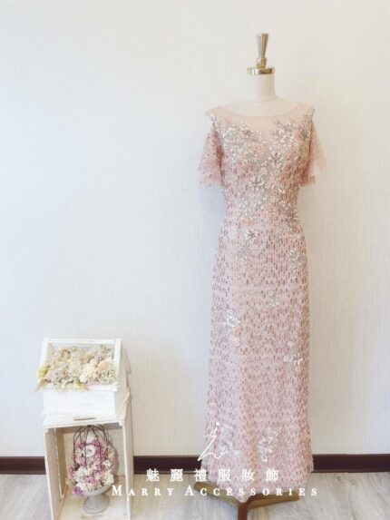 金橘色亮片胸口刺繡晚宴媽媽禮服