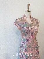 粉色旗袍刺繡晚宴媽媽禮服
