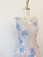 粉藍色相間刺繡晚宴媽媽禮服