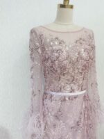 粉金色袖口羽毛晚宴媽媽禮服