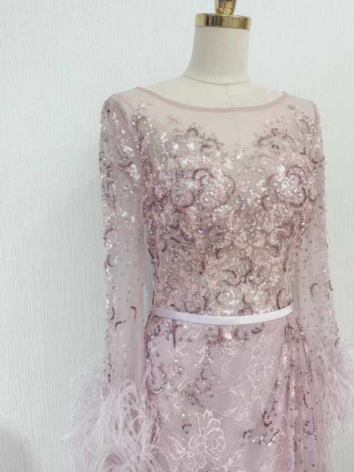 粉金色袖口羽毛晚宴媽媽禮服