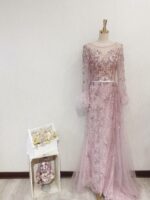 粉金色袖口羽毛晚宴媽媽禮服