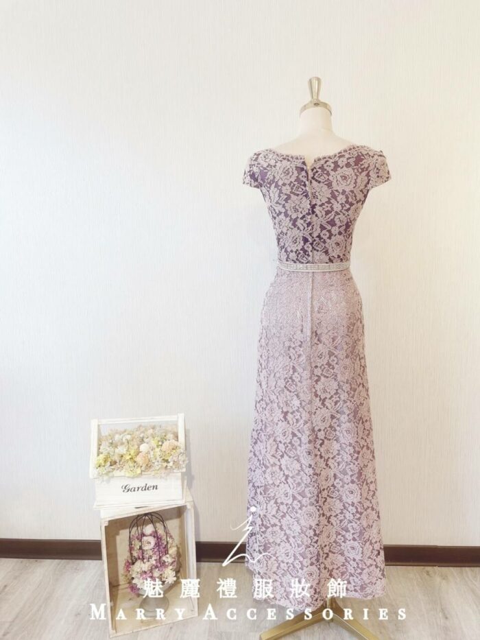 紫色蕾絲水晶腰鍊晚宴媽媽禮服