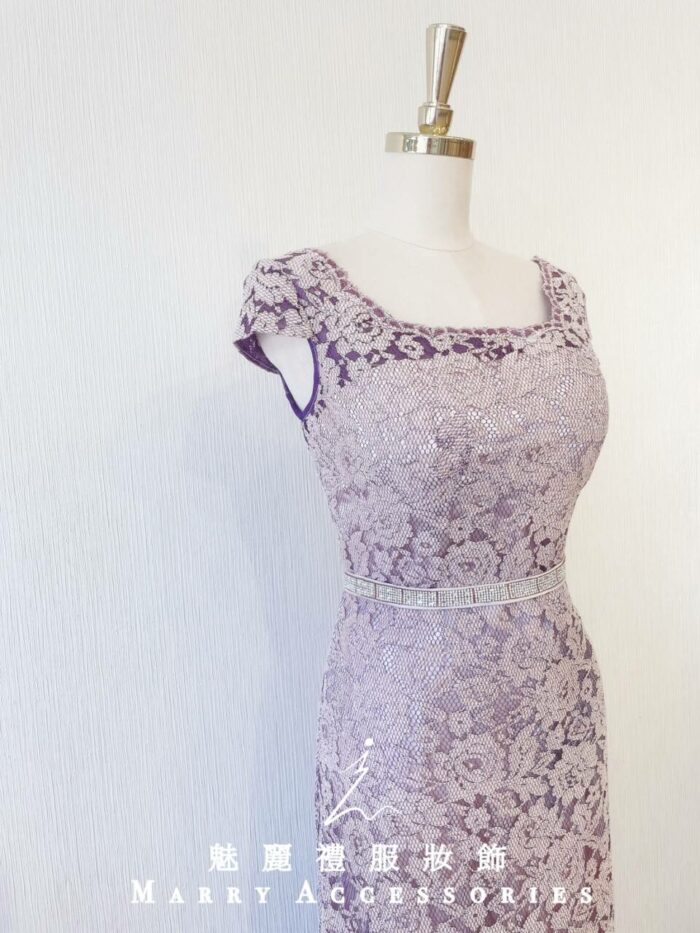 紫色蕾絲水晶腰鍊晚宴媽媽禮服