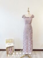 紫色蕾絲水晶腰鍊晚宴媽媽禮服