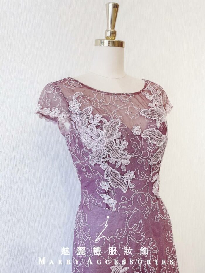 藕紫色刺繡蕾絲典雅晚宴媽媽禮服