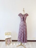 紫色亮片刺繡性感晚宴媽媽禮服