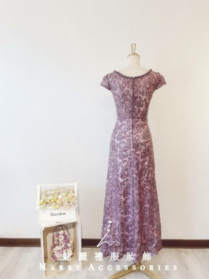 紫色亮片刺繡性感晚宴媽媽禮服