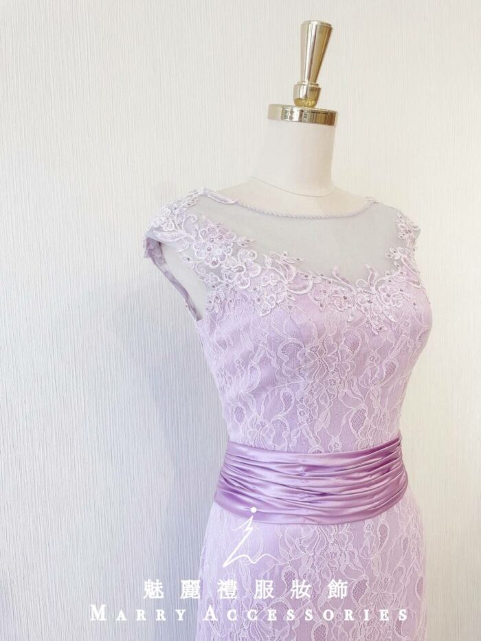 粉紫色蕾絲緞料腰封式晚宴媽媽禮服