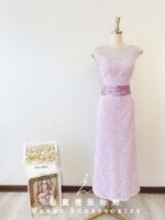 粉紫色蕾絲緞料腰封式晚宴媽媽禮服