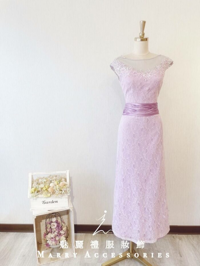 粉紫色蕾絲緞料腰封式晚宴媽媽禮服