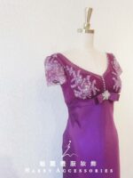紫色小包袖緞料晚宴媽媽禮服