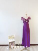 紫色小包袖緞料晚宴媽媽禮服
