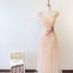 粉橘色雙肩紅色刺繡晚宴媽媽禮服