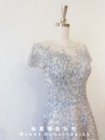 淺藍色刺繡蕾絲晚宴媽媽禮服