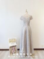 淺藍色刺繡蕾絲晚宴媽媽禮服