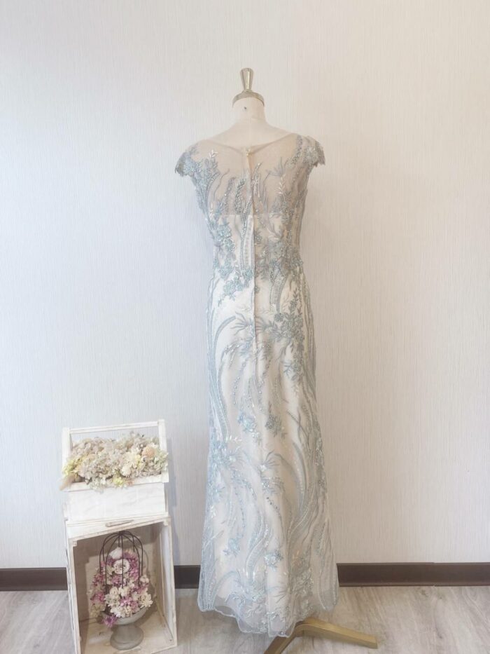 湖水藍亮片刺繡晚宴媽媽禮服