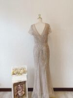 香檳金水晶系管珠晚宴媽媽禮服