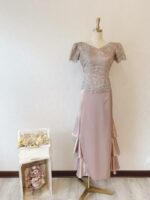 香檳金緞料刺繡晚宴媽媽禮服