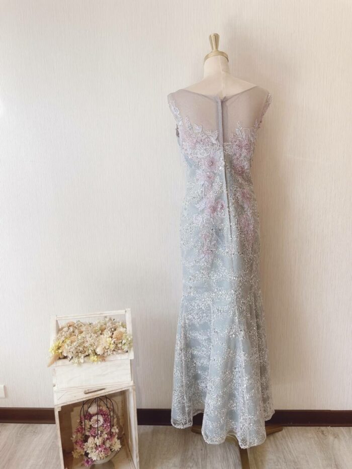 藍粉色刺繡蕾絲晚宴媽媽禮服