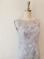 藍粉色刺繡蕾絲晚宴媽媽禮服