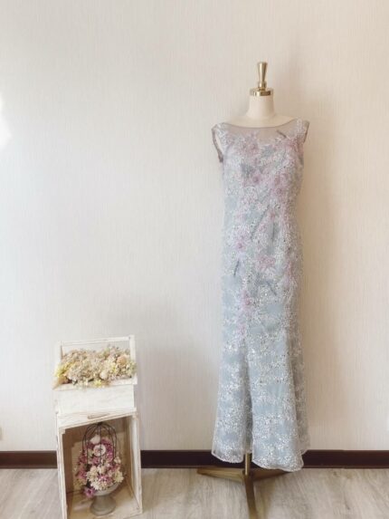 藍粉色刺繡蕾絲晚宴媽媽禮服