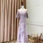 粉紫珠工流線五分袖媽媽禮服