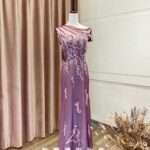 斜肩粉紗花藤款媽媽禮服