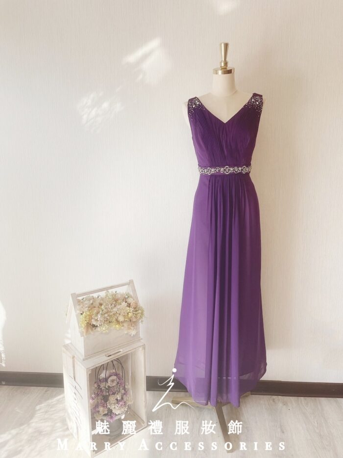 紫色雙肩V領水晶腰鍊晚宴媽媽禮服
