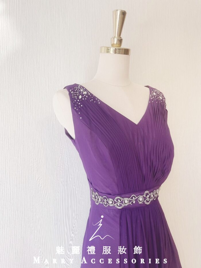 紫色雙肩V領水晶腰鍊晚宴媽媽禮服