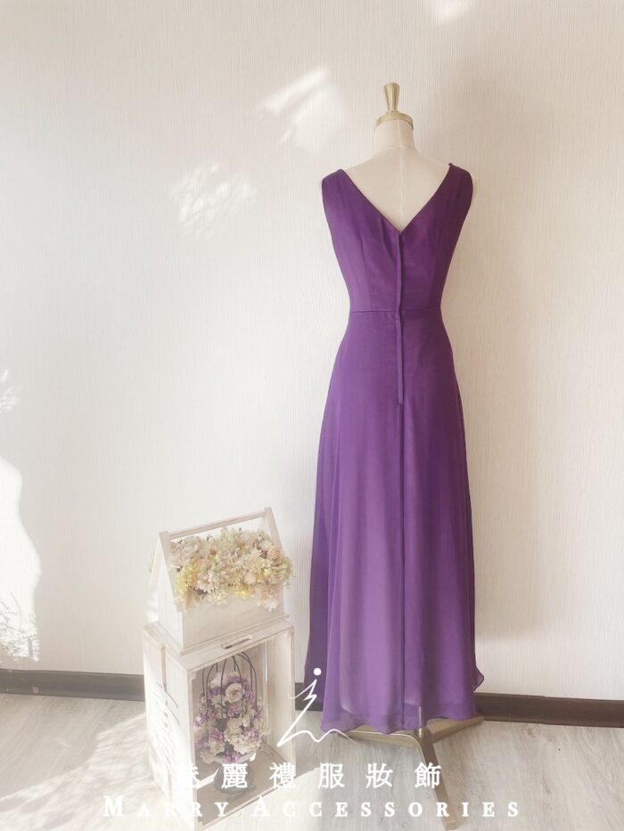 紫色雙肩V領水晶腰鍊晚宴媽媽禮服