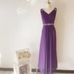 紫色雙肩V領水晶腰鍊晚宴媽媽禮服