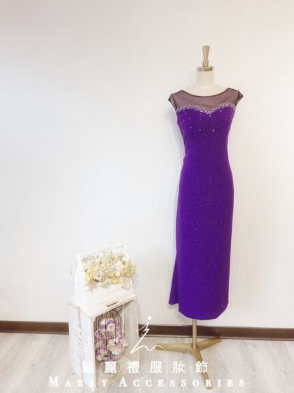 紫色抹胸氣質修身晚宴媽媽禮服