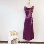 深紫色緞料刺繡蕾絲晚宴媽媽禮服