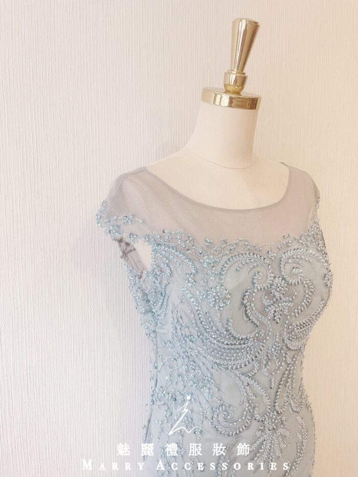 灰藍色刺繡管珠晚宴媽媽禮服