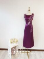 深紫色緞料刺繡蕾絲晚宴媽媽禮服