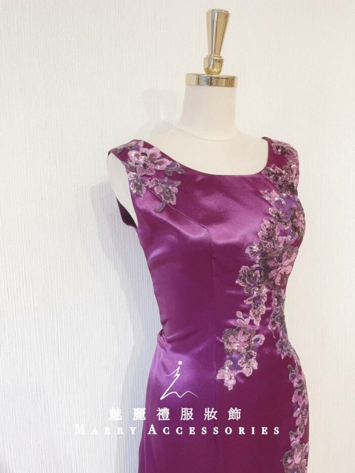 深紫色緞料刺繡蕾絲晚宴媽媽禮服