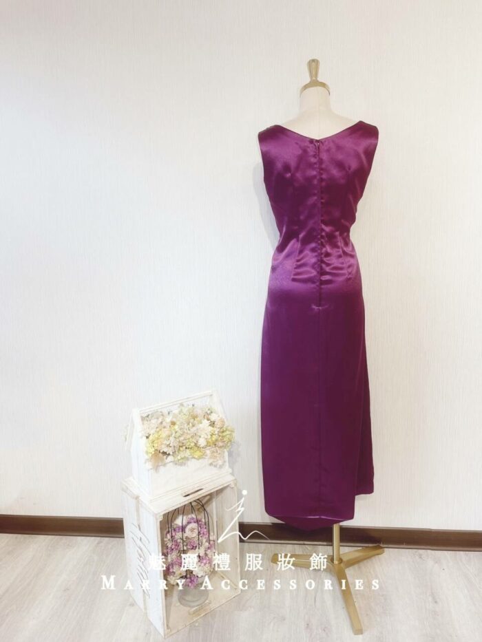 深紫色緞料刺繡蕾絲晚宴媽媽禮服