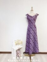 紫色蕾絲船型領魚尾晚宴媽媽禮服