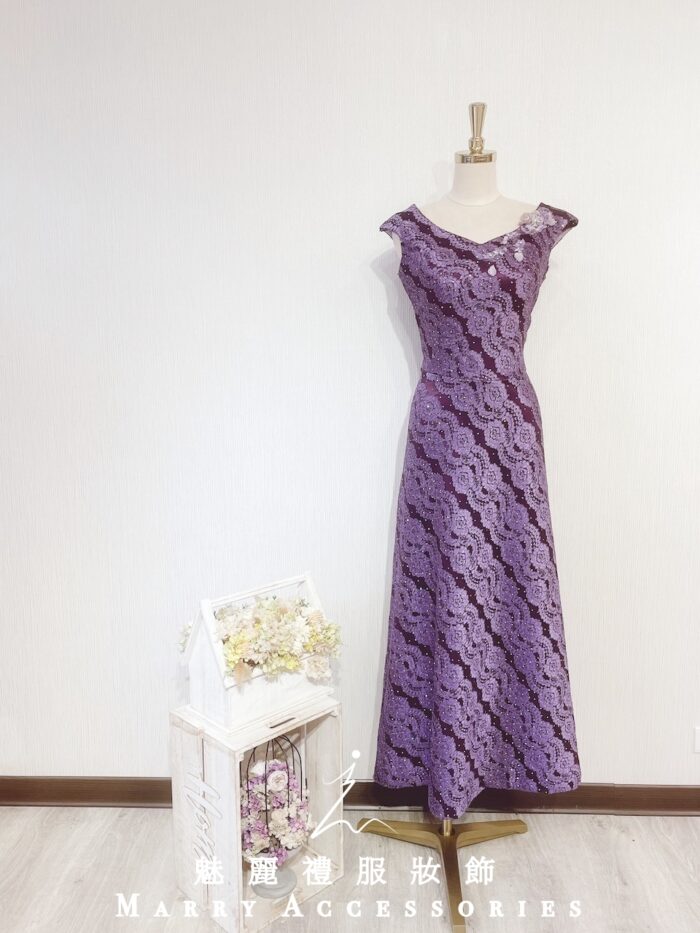 紫色蕾絲船型領魚尾晚宴媽媽禮服