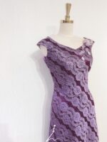 紫色蕾絲船型領魚尾晚宴媽媽禮服