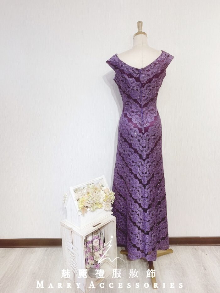 紫色蕾絲船型領魚尾晚宴媽媽禮服