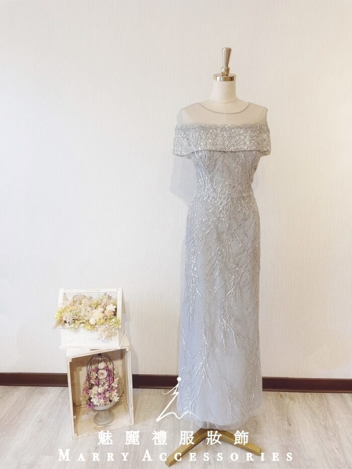 銀灰色斗篷式亮片晚宴媽媽禮服