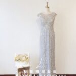 銀色刺繡蕾絲亮片修身晚宴媽媽禮服