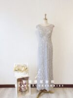 銀色刺繡蕾絲亮片修身晚宴媽媽禮服