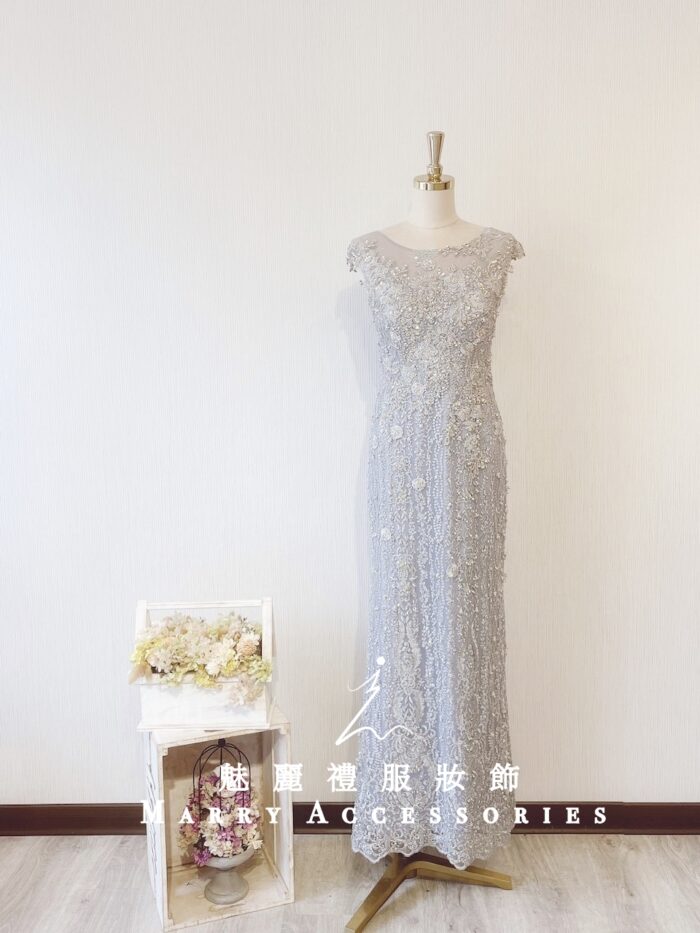 銀色刺繡蕾絲亮片修身晚宴媽媽禮服